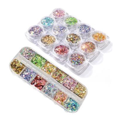 China Beauty Care Make Tools Wholesale 12 Color Nail Glitter Cosmetic Grade Special Shape Dot Heart Changing Hexagon Nail Glitter Magic Color Nail Patch for sale