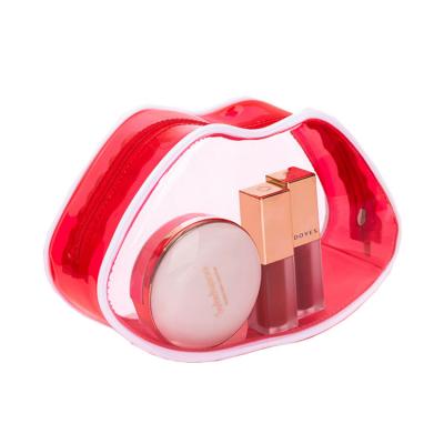 China Popular Red Clear PVC Waterproof Lipstick Fashion Selling Cosmetic Bag, Custom High Quality Lip Shape Makeup Organizer Bag for sale