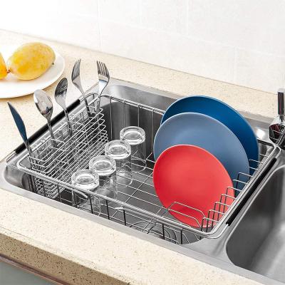 China Stainless Steel Extend Under Sink Water Basket Kitchen Stainless Steel Cutlery Drying Rack Wire Pan Rack for sale