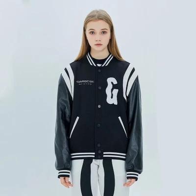 China Unisex Leather Sleeves Logo Patches Women Varsity Jacket Custom Made Breathable Oversized Cotton Button Down Jacket for sale