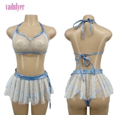 China Vadulyer Three Piece Mesh Top Leg Garter Rhinestones Stripper Outfit Thong Sets for sale