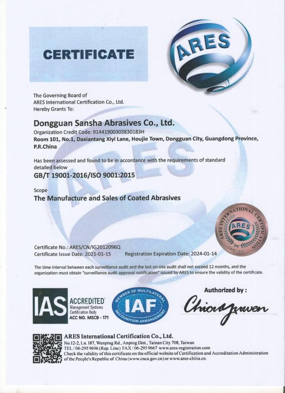 ISO9001 - Dongguan Sansha Abrasives Abrasives Co., Ltd.