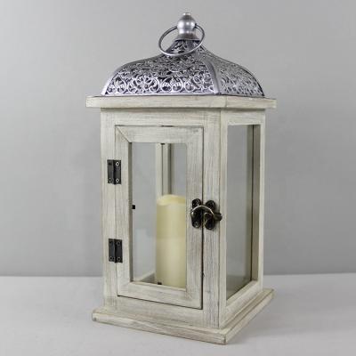 China Home decoration GRAY WOODEN LANTERN WITH MOROCCO SILVER METAL TOP, INCLUDE LED PLASTIC CANDLE, FOR GARDEN USE for sale