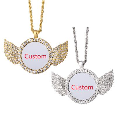 China Double Sides Rotating Custom Sublimation White Angel Wing Necklace Pendant Stainless Steel Rope Chain Hip Hop Jewelry Necklace for sale