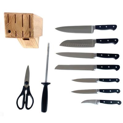 China Viable 10 Pcs Full Flavor Stainless Steel Kitchen Set Knives ABS Handle 8 Inch Chef Knife With Wood Block for sale