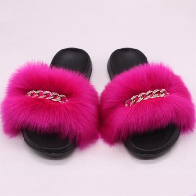 China New Fashion Trend Foreign Trade Style Faux Fox Fur Women's Bedroom Plush Flat Slippers With Metal Rhinestone Sequins for sale