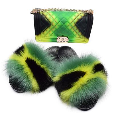 China Matching Slippers and Temperament Jelly Bags Set Fashion Trend Rhombus Pattern Faux Fox Fur for sale