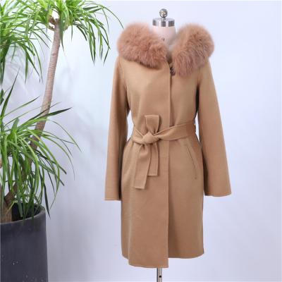 China Anti-wrinkle Women Thick Woolen Long Overcoat With Belts Collar Button Classic Slim Winter Fitted Fur Hood Hand Made Double Face Wool Brown for sale