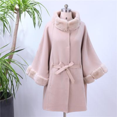 China Pink High Quality Wool Woman Overcoats Winter Designer Long Anti-wrinkle Overcoat Thick Overcoat For Ladies With Fur Trim Hood 2 PC for sale