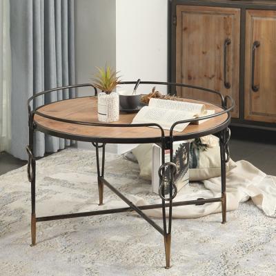 China Rustic Acrylic Industrial Antique Round Natural Round Center Large MDF Wood Frame Metal Style Folding Coffee Table for sale