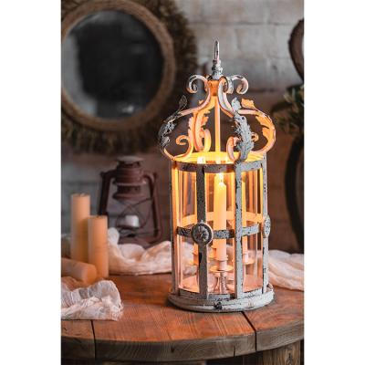 China Rustic Style Living Room Vintage Ironwork Candlestick White Metal Castle Lanterns Decorative Candle Holders for sale