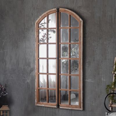 China Large Arch Mirror Living Room Decoration Retro Wooden Frame Minimalist Warm Antique Wall Hanging Full Saling Style Saling Mirror for sale