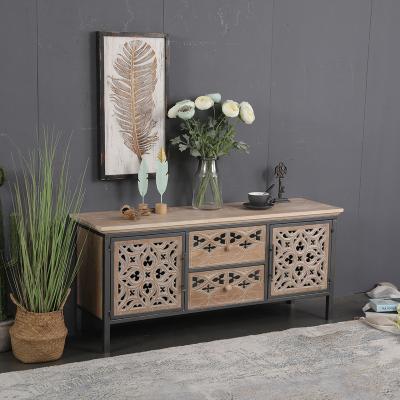 China Rustic HOME style antique style side corner TV console cabinet industrial antique design carved drawers solid wood cabinet for sale