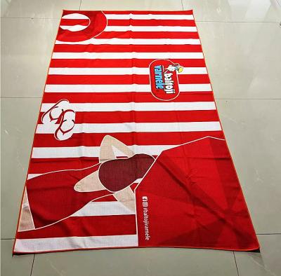 China RPET recycled plastic bottle fiber custom design sand free quick dry microfiber waffle red and white stripe beach towel for sale