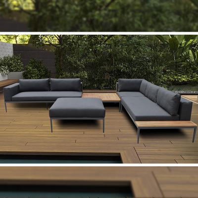 China Best Weather Furniture Outdoor Selling Modern Teak Wood Patio Conversation Set Patio Aluminum Waterproof Sofa Couch Outdoor Garden Furniture for sale