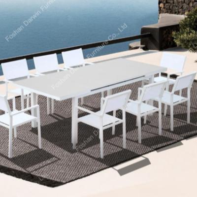 China Leisure Factory Furniture Outdoor Aluminum Garden Extendable Dining Table with Mesh Fabric Chairs for Restaurant for sale