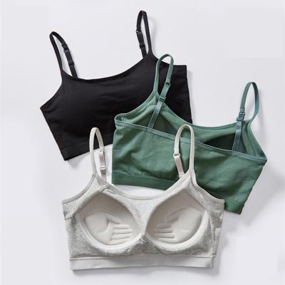 China Solid Color Breathable Cotton Thin Strap Lingerie Bottoming Tank Tube Top Camisole Sports Bralette Sexy Backless Gathered Bra With Chest Pad for sale