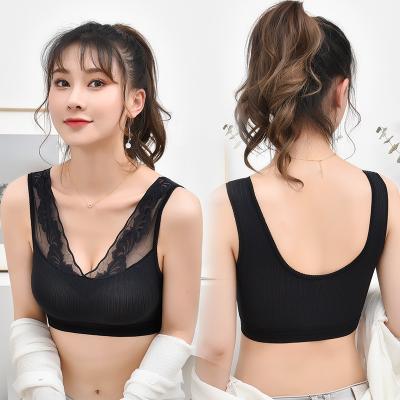 China Breathable Lace Sports Solid Color Gather Sexy Deep V Pump Removable Pad High-elastic Lingerie Wrap Bra Lace Up Bralette Vest Tank Tube Top for sale