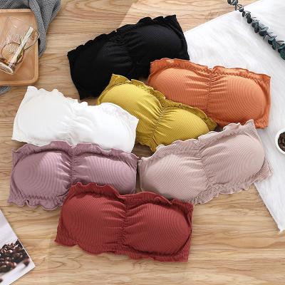 China Cotton Breathable Strapless Tube Underwear Girl Solid Color Bralette Bandeau Top Sexy Gathered Strapless Bra for sale