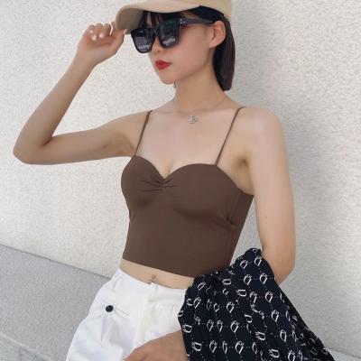 China Breathable Knitted French Lingerie One Piece Sexy Deep Lift V Sports Gathered Bottoming Tank Solid Color Tube Bra Top Camisole for sale