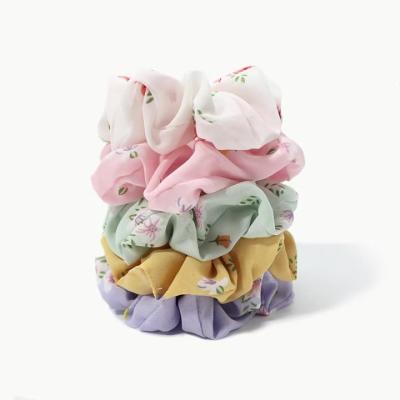 China FanYue Easy Printed Chiffon Scrunchies Flower Floral High Quality Fashion Cute Women Girls Print Scrunchies Pony Tails Hair Scrunchies for sale