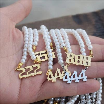 China Hot Sale 000-999 Custom Angel Number Necklaces Imitation Pearl Necklace Steel Amazon Jewelry 2021 for sale