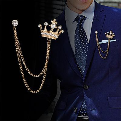 China Easy High-End Mens Brooch Style Suit Chain Pin Diamond Crown Badge British Vintage Brooch for sale