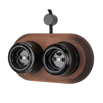 China Retro Retro Style Porcelain Surface Mounted Double Wall Socket With Wooden Frame for sale