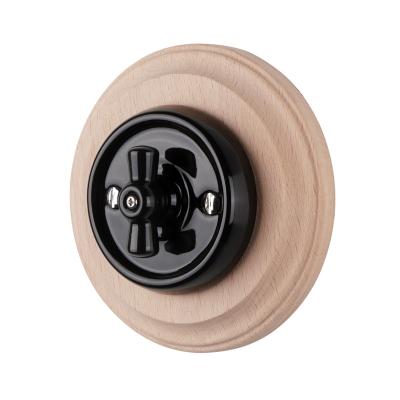 China Retro Vintage Style Black Color Ceramic Recessed Wall Rotary Switch With Log Color Wood Frame for sale