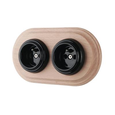 China Retro Style French Porcelain Standard Double Recessed Wall Socket With Wood Frame for sale