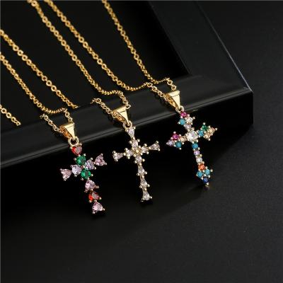 China Eco-friendly Gold Plated Colorful Diamond Necklaces Cubic Zircon Cross Pendant Necklaces For Women for sale