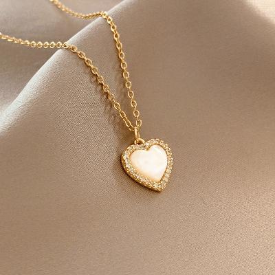 China Eco-Friendly Real 18k Gold Plated Stainless Steel Love Heart Necklace Romantic Cubic Zircon Shell Heart Necklace For Valentines Gift for sale