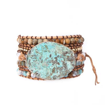 China BOHEMIA fashion 5 wrap leather bracelet, handmade natural stone and glass bead bracelet, ocean jasper bohemian bracelet for sale