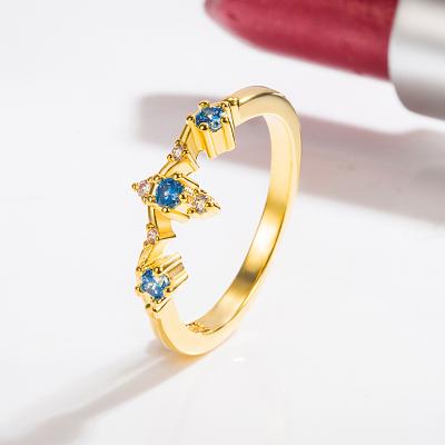 China Eco-Friendly 14K Gold Plated Women's Blue Crystal Zircon Copper Ring Diamond Engagement Ring for sale