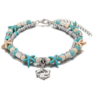 China TRENDY Silver Plated Women's Turquoise Beach Bohemian Anklet With Marine Organism Pendant for sale