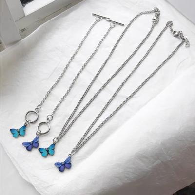 China South Korea Central Statistical Institute Blue Butterfly Bracelet Necklace Set Alloy OT Buckle Chain Jewelry Sets Valentine's Day Gift Women 2022 for sale