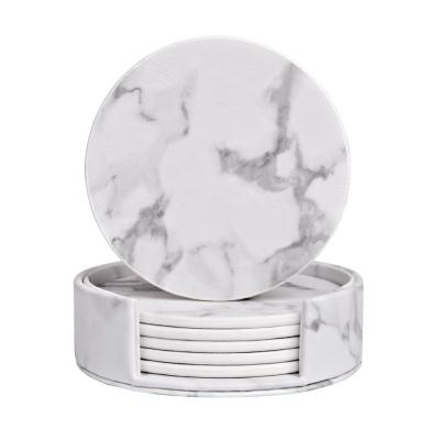 China Viable Wholesale White Marble Leather Round Coaster Set for sale