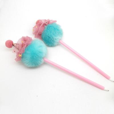 China Promotional Pen Soft and Artificial Bunny Hair Pom Pom Lace Hat Cute Coloring Pen, Pompom Pen Brush for sale