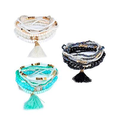 China New Retro BOHEMIA European and American Multi-Strep and Bohemian Plastic Bead Stackable Bracelet with Tassel for sale