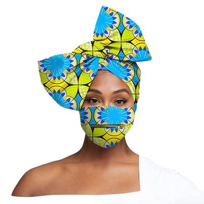 China Newest European and American style 2 pcs set African Ankara fabric turbans headwraps hair accessories for woman mask with zipper for sale