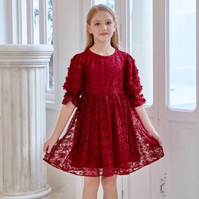 China Wholesale Regular Navy Blue Child Casual Dress Lace Pattern Autumn Girl Red Red Dress for sale