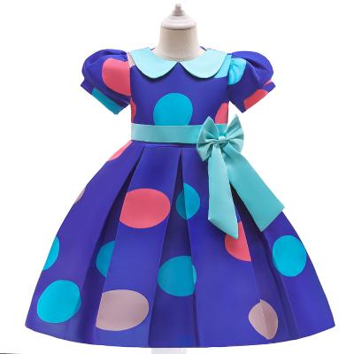 China Anti-wrinkle RTS children's dot princess dress puff sleeves bow satin sash casual dress for girl for sale