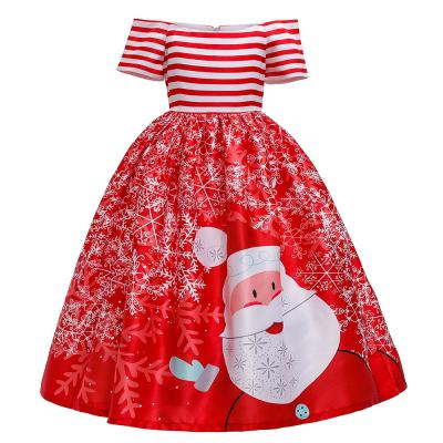 China High Quality Anti-Shrink Santa Claus Print Pattern Satin Christmas Party Kids Carnival Costume Girls Dress for sale