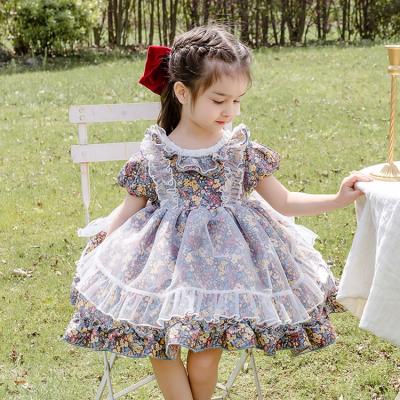 China Anti-Static Costumes Cotton Print Floral Short Sleeve Mesh Covered Children Clothing Christmas Kids Lolita Dress for sale