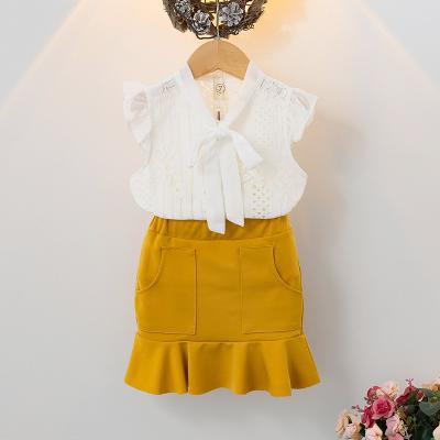 China Wholesale Soft High Quality T-shirt Low Price Yellow Skirt Kids Lace Tops 2pcs Kids Toddler Clothes Sets for sale