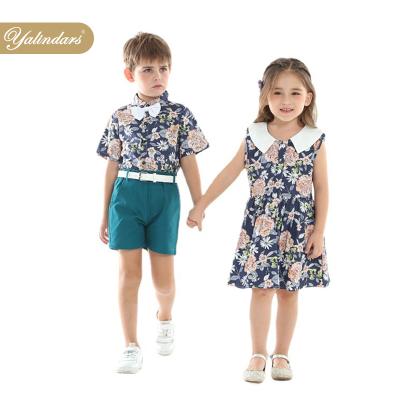 China Retail Casual Girls Sleeve Dress Baby Boy Clothes Summer Brother Sister Clothes Shirt Shorts Cotton Short Floral Print Casual Dresses for sale