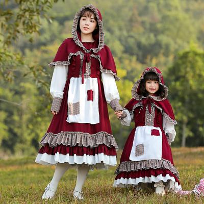 China Mommy and Me Hooded Burgundy Dress Luxurious Spanish Lolita Dresses Halloween Cosplay Costume for sale