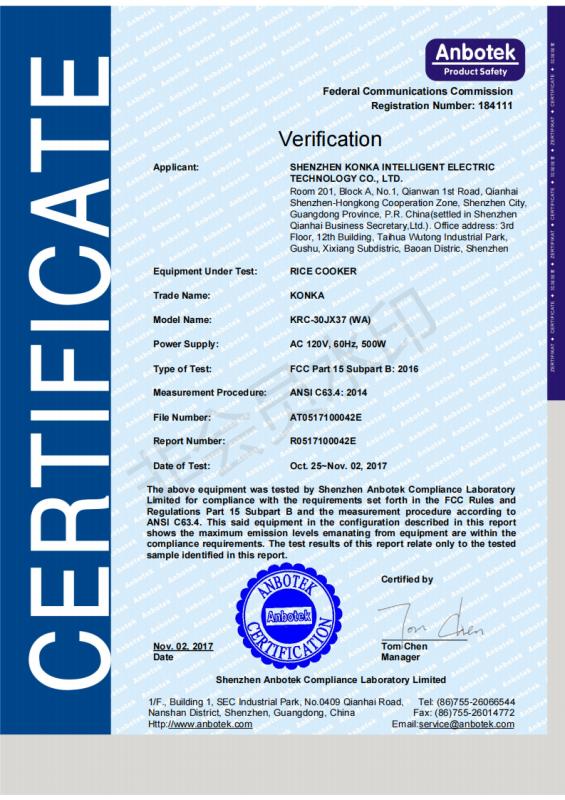 FCC - Shenzhen Konka Intelligent Electric Technology Co.ltd.