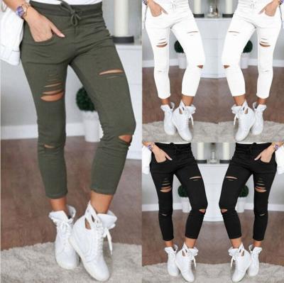 China Anti-Static Popular Female Pants Women Hole Gaiters Ripped Pants Slim Stretch Drawstring Pants Pants Army Green Trousers for sale