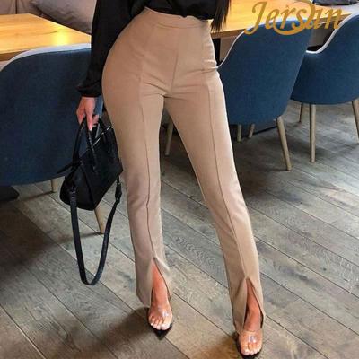 China Women Autumn Cotton Casual Tight Fit Breathable Leg Opening Split Casual Lady Strech Women Palazzo Pants Office High Waist Trousers 10% for sale